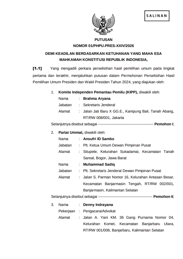 putusan dalam Permohonan Perselisihan Hasil